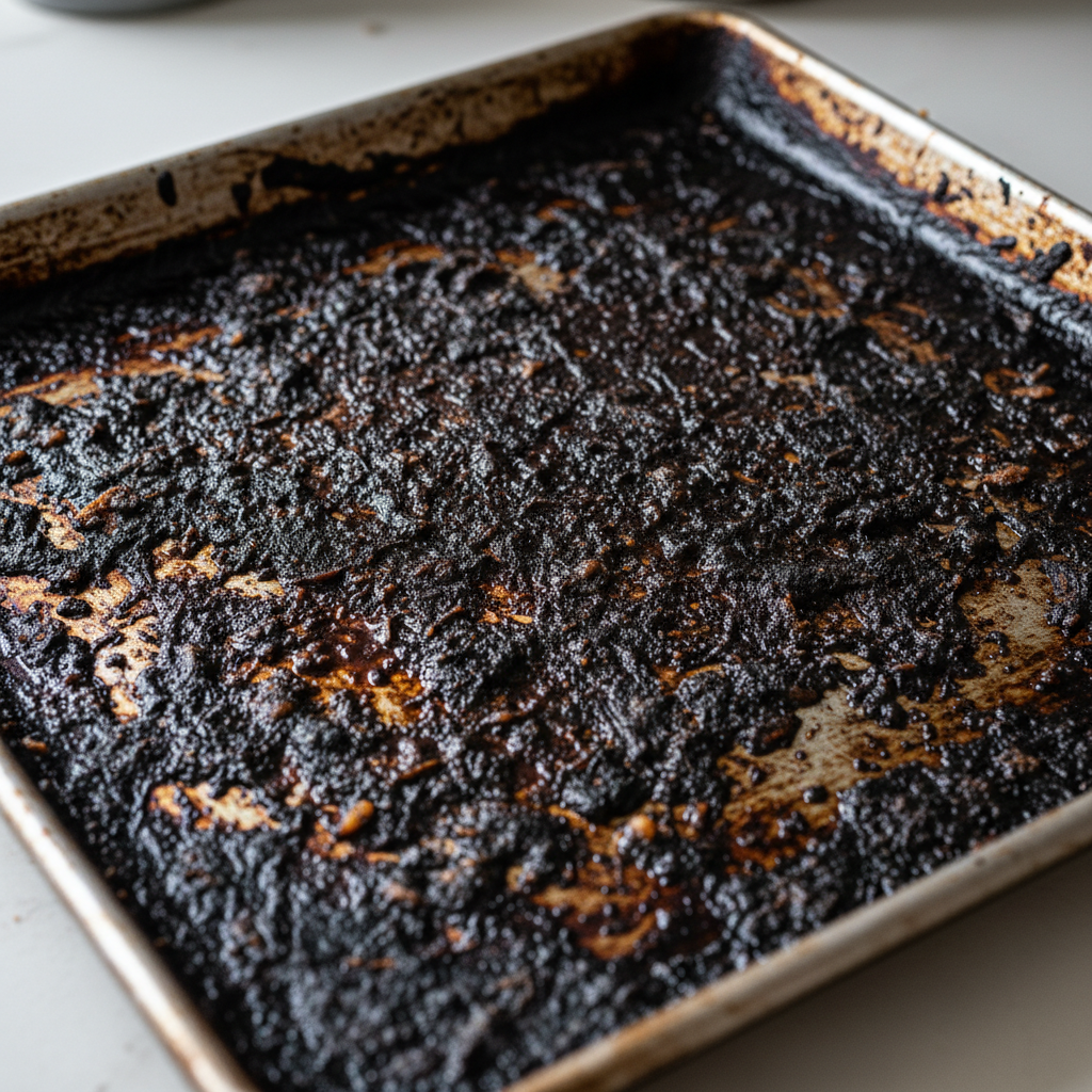 A close-up, high-detail shot of a very challenging, dirty baking sheet. The surface is covered with thick, dark, carbonized food residues, stubborn baked-on grease, and dark stains. Emphasize the texture of the grime and crusts, making it look difficult to remove. The lighting should highlight the layers of accumulated dirt, conveying a sense of stickiness and deep-seated grime. This image should clearly represent the problem of a severely neglected baking sheet. Macro professional photography or realistic digital painting.