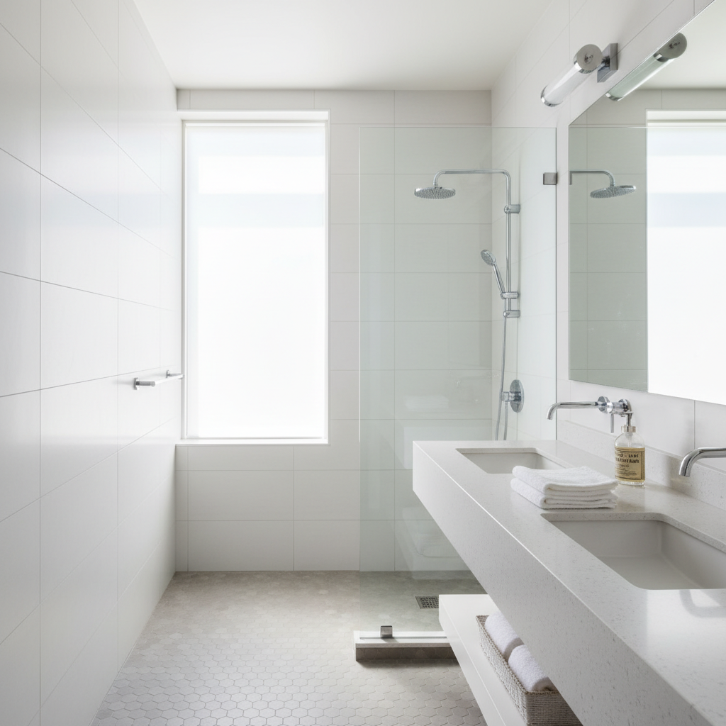 A professional photo of a modern, sparkling clean bathroom, with light streaming through a window, highlighting polished chrome fixtures, gleaming white tiles, and a neatly folded towel on a vanity. The overall impression should be one of serenity and pristine hygiene. Emphasize bright lighting and a sense of calm. Focus on luxurious details without being overly opulent. This image sets the aspirational tone for a clean bathroom.