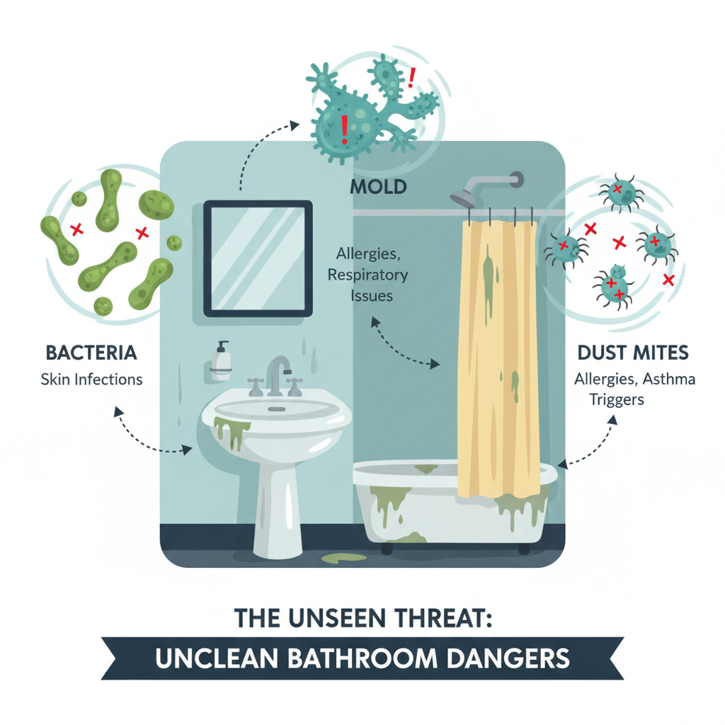 A detailed infographic illustration demonstrating the hidden dangers of an uncleaned bathroom. Show stylized icons representing bacteria, mold spores, and dust mites swirling around a cartoonish, slightly neglected bathroom sink and shower. Use subtle danger signs (e.g., small red crosses, exclamation marks) next to these pathogens. Include text labels for 'Bacteria', 'Mold', and 'Dust Mites' with brief health impact notes like 'Skin Infections', 'Allergies', 'Respiratory issues' in a clean, modern infographic style.