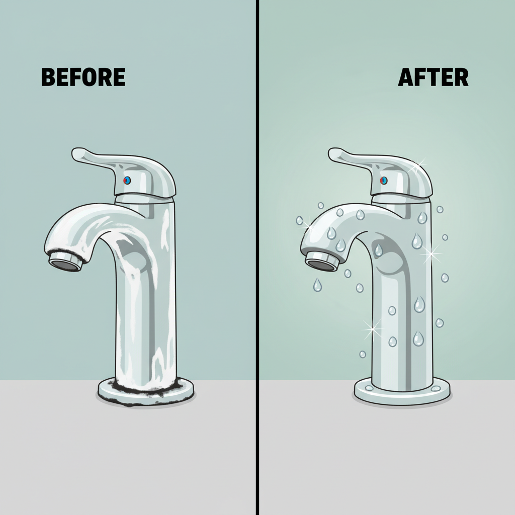 A split-screen or 'before & after' flat illustration showing a bathroom faucet. On one side ('Before'), it's covered in white chalky kalkflecken and has some dark grime around the base. On the other side ('After'), it's shiny, polished, and gleaming, with water droplets reflecting light. Use a clean, simplified flat illustration style with clear visual contrast between the two states to convey the impact of cleaning on fixtures.