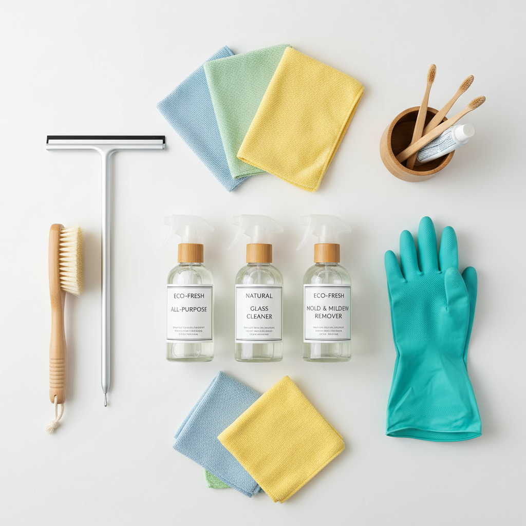 A professional photo from an overhead perspective, showcasing an organized collection of essential bathroom cleaning supplies laid out neatly on a clean white surface. Include items like eco-friendly cleaning sprays, microfiber cloths in various colors, a scrubbing brush, a squeegee, and rubber gloves. The arrangement should be aesthetically pleasing and functional, implying preparation and ease of tackling cleaning tasks.