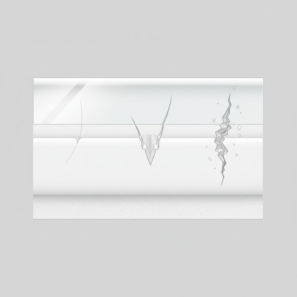 A detailed, clean infographic-style illustration depicting a cross-section of a white bathtub wall. The illustration clearly shows three distinct types of scratches penetrating the material layers from the surface. On the left, a very superficial scratch barely affects the top protective coating. In the center, a medium-depth scratch extends into the secondary layer. On the right, a deep scratch visibly penetrates multiple layers, reaching the core material. The undamaged surface should appear perfectly smooth and glossy, contrasting with the visible damage of each scratch. Use a modern, technical diagram aesthetic with subtle material textures.