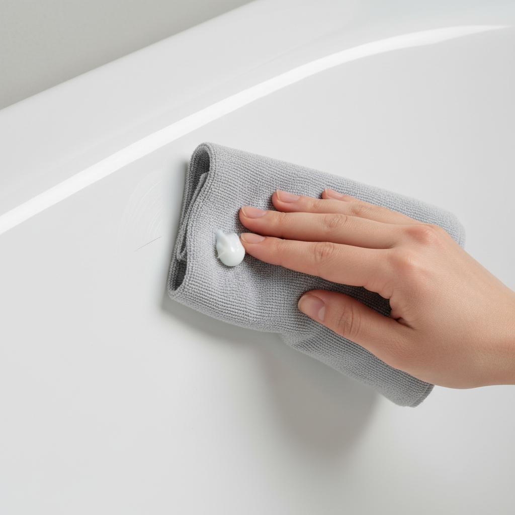 A professional, high-resolution close-up photo of a pristine white bathtub surface being gently polished. A clean hand, visible in the lower right, holds a soft, light-colored microfiber cloth. A small, subtle scratch is visible on the tub surface just before the area being polished. The cloth has a pea-sized dab of white, non-gel toothpaste applied to it. The hand is performing a soft, circular motion, implying the removal of the scratch. The focus is on the action and the potential for restoration, with the bathtub surface appearing exceptionally clean and glossy in the background.