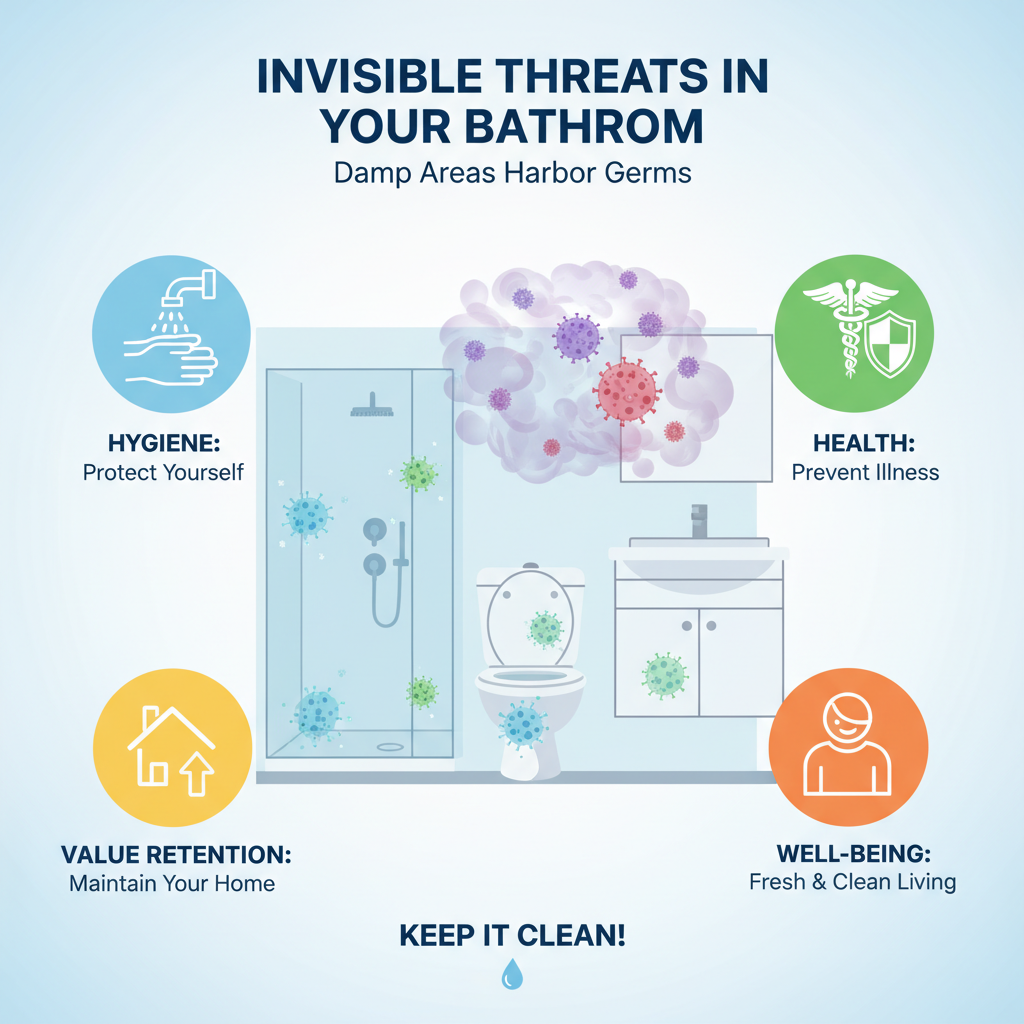 An informative infographic-style illustration depicting the invisible threats in a bathroom. Use subtle, abstract representations of bacteria and germs (e.g., stylized microscopic shapes) congregating in damp areas like shower corners, toilet rims, and sink drains. Include small icons representing 'Hygiene', 'Health', 'Value Retention', and 'Well-being' surrounding a central bathroom graphic, each with a brief, punchy label. Use a clean, vibrant color palette.