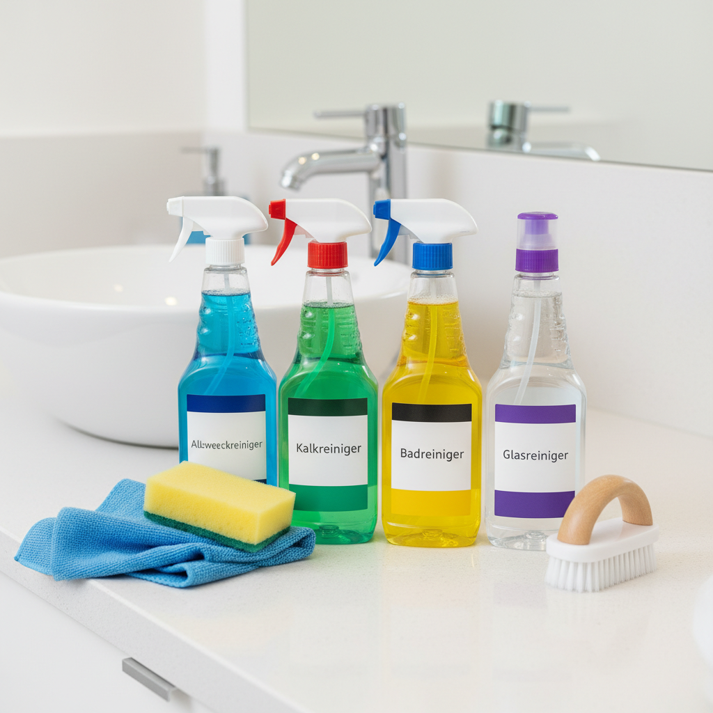 A detailed close-up shot of various cleaning tools and solutions neatly laid out on a clean, light-colored bathroom counter. Include a spray bottle of 'Allzweckreiniger' (all-purpose cleaner), 'Kalkreiniger' (limescale remover), 'Badreiniger' (bathroom cleaner), 'Glasreiniger' (glass cleaner), and a microfibre cloth, sponge, and scrubbing brush. The labels on the bottles should be clearly visible and the overall aesthetic should be organized and ready for action, a professional product shot style.