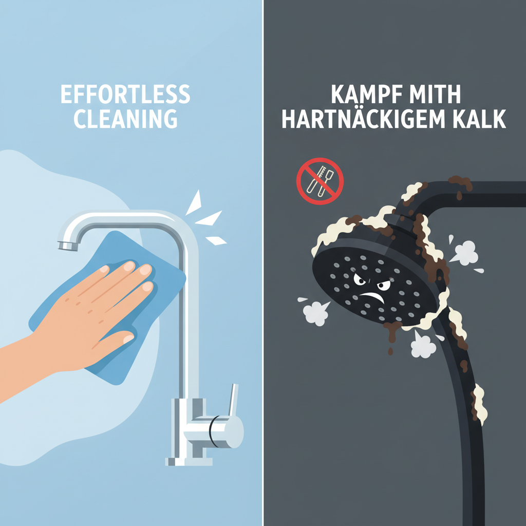 A split-screen illustration or two juxtaposed images. On one side, a hand is effortlessly wiping away a small, stylized limescale mark from a shiny chrome faucet with a cloth, representing 'Effortless Cleaning'. On the other side, a subtle, almost cartoonish depiction of dark, stubborn limescale build-up on a showerhead or faucet, visually illustrating the 'Kampf mit hartnäckigem Kalk'. The art style should be a crisp, clean flat illustration with a focus on clear differentiation between 'before' and 'after' or 'problem' and 'solution'.