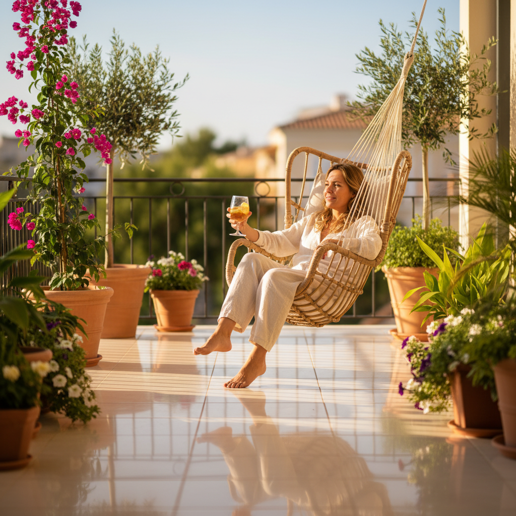 A vibrant, inviting balcony scene on a sunny day. A person is comfortably seated, sipping a drink, with clean, gleaming floor tiles and well-maintained plants in the background. The focus is on the cleanliness and inviting atmosphere, conveying relaxation and well-being. Use a professional, high-quality photograph style with warm lighting and a slightly blurred background to emphasize the foreground elements.