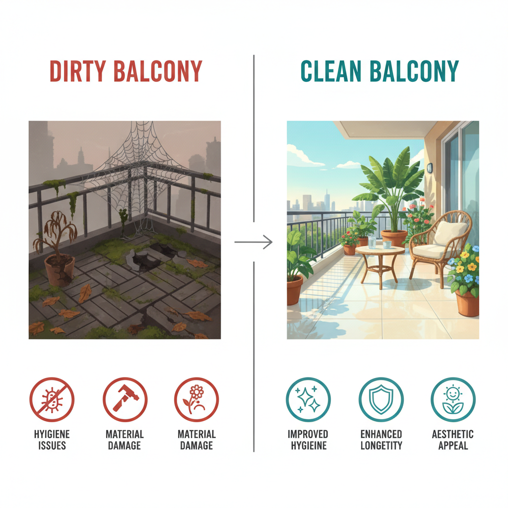 An infographic-style illustration depicting the negative effects of a dirty balcony contrasted with the benefits of a clean one. On one side, show elements like dirty tiles with moss, dust, and spiderwebs, symbolizing hygiene issues and material damage. On the other side, illustrate sparkling clean tiles, vibrant plants, and a healthy, inviting space, highlighting hygiene, longevity, and aesthetic appeal. Use clear, simple icons and a modern, clean design.