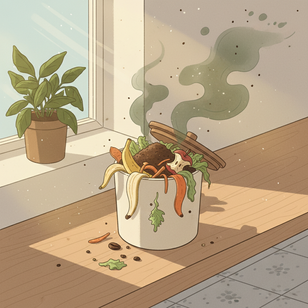 A visually unappealing small kitchen compost bin overflowing slightly with various food scraps (fruit peels, coffee grounds, vegetable trimmings). Wisps of unpleasant-looking vapor (subtly green/brown) are rising from it, indicating a foul odor. Sunlight streaming through a window suggests summer warmth, accelerating the smell. The overall scene conveys a common household nuisance. Flat illustration style with warm, slightly muted colors.
