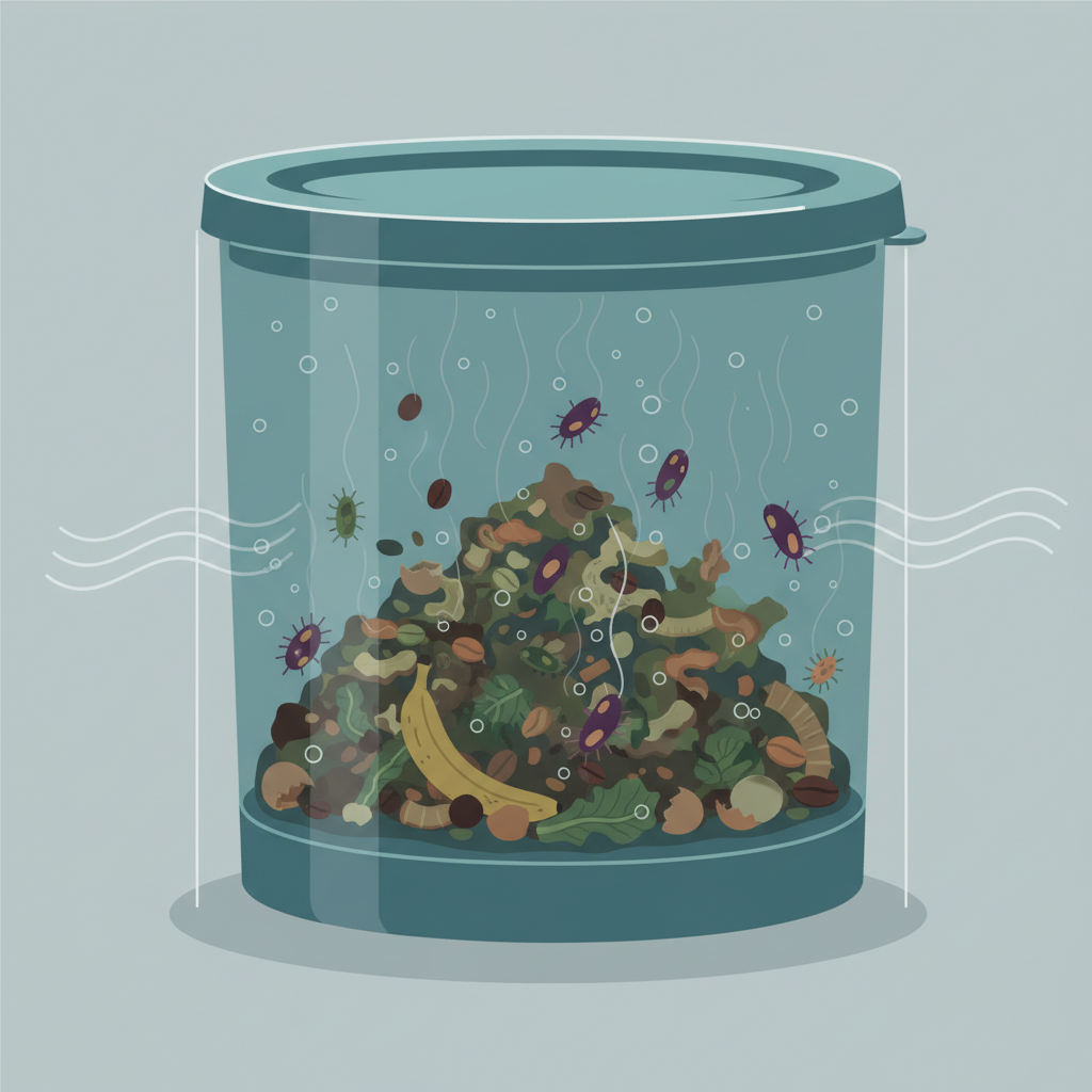 An infographic-style illustration depicting a cross-section of a biowaste container. Inside, various organic food scraps are shown. Small, stylized anaerobic bacteria (without oxygen symbols) are actively breaking down the waste, emitting visible bubbles and wavy lines representing unpleasant gases. A clear visual distinction between moist, unventilated conditions inside the container and the surrounding environment. Clean, modern infographic style with muted science-inspired colors.