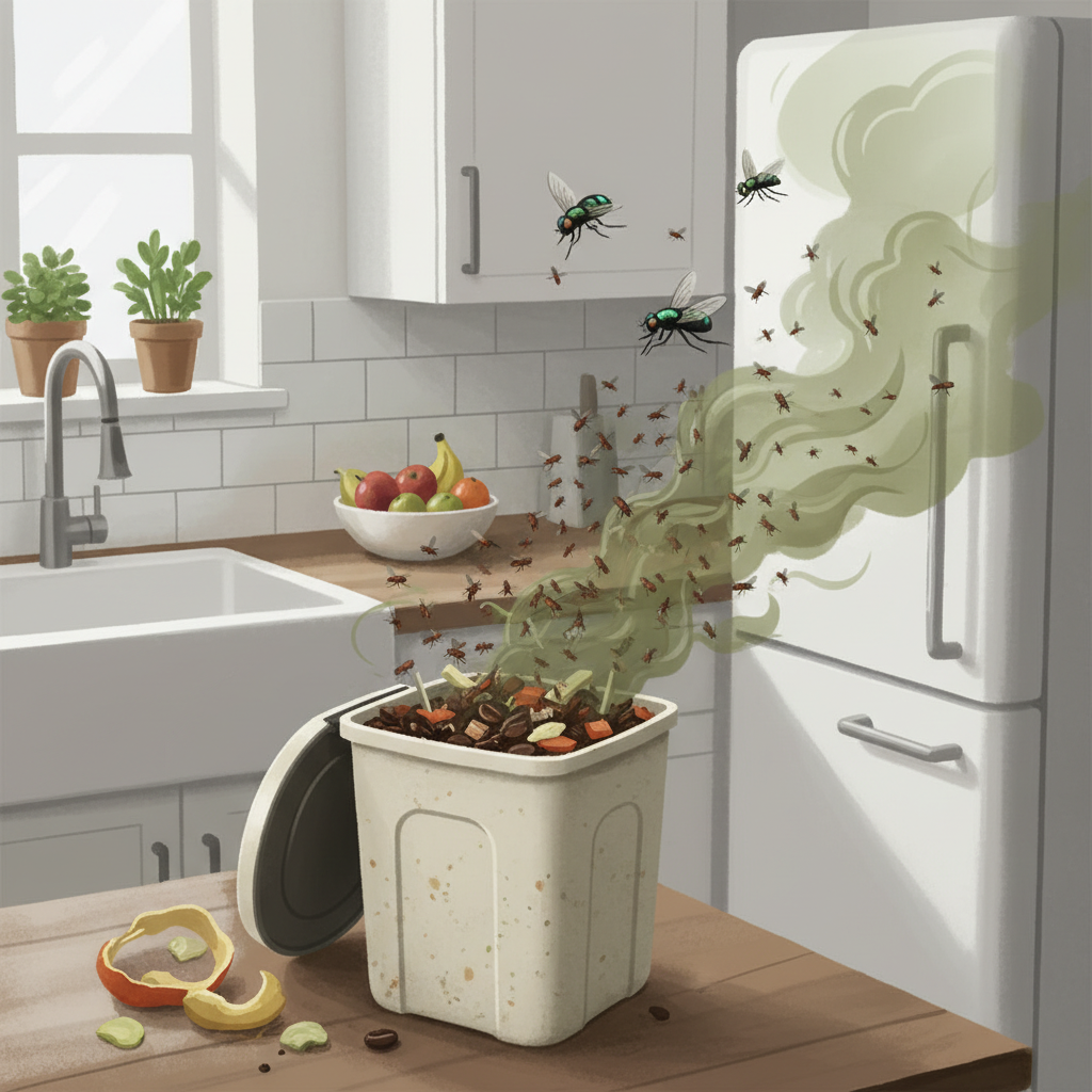 A detailed illustration showing a small, open biowaste bin in a kitchen setting. A swarm of tiny fruit flies and a few larger houseflies are buzzing around the top of the bin, attracted to the contents. A subtle, swirling cloud effect emanates from the bin, visually representing the strong, unpleasant odor spreading into the clean kitchen space. The overall mood is slightly unhygienic. Professional digital illustration with realistic details and a slightly desaturated color palette.