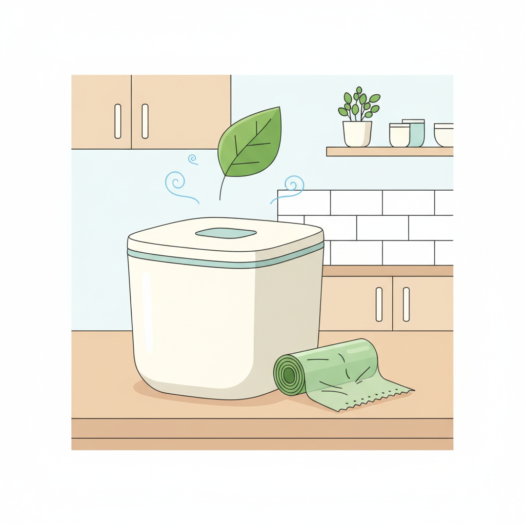 A clean, well-managed biowaste collection scene. A compact, sealed kitchen biowaste caddy sits neatly on a countertop. Next to it, there's a roll of compostable bags or a stack of newspaper squares, suggesting proper liner use. A subtle graphic element, like a fresh leaf or a gentle breeze icon, conveys a fresh, odor-free environment. The kitchen background is bright and tidy, emphasizing cleanliness. Flat illustration style with a bright, clean, and inviting color palette.