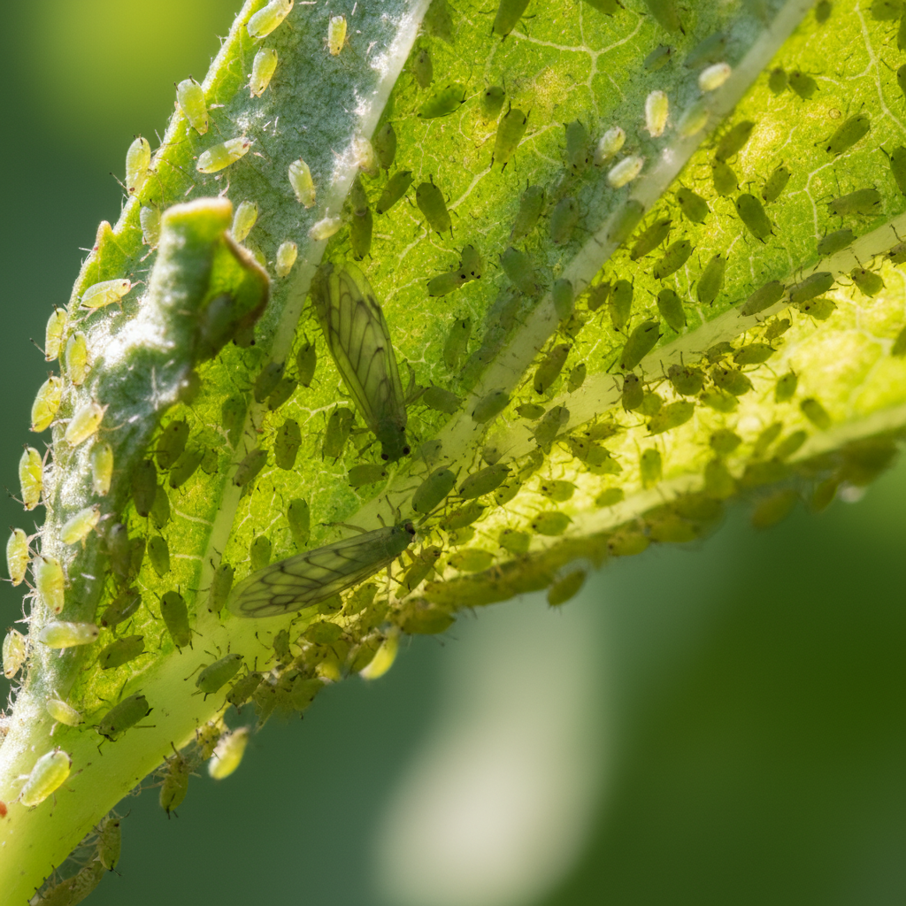 A detailed, macro-style professional photo of a plant stem or leaf underside heavily infested with small, green aphids. The aphids are clustered tightly, some with tiny wings, subtly showing their feeding mouthparts. The plant itself shows early signs of stress, like slight leaf curling or minimal discoloration, conveying the urgency of an infestation. The lighting is natural and bright, highlighting the insects against the vibrant green of the plant.