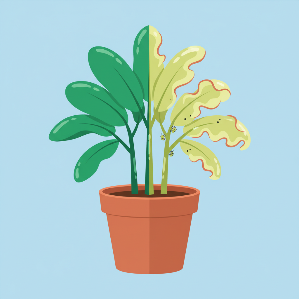 An informative, clean flat illustration depicting a plant suffering from aphid damage. One side of the plant showcases healthy, vibrant leaves, while the other side displays common symptoms: curled, distorted, and slightly yellowed leaves, along with subtle hints of a sticky sheen (honeydew) and a few small, dark spots indicating early sooty mold. The contrast clearly illustrates the impact of the infestation.
