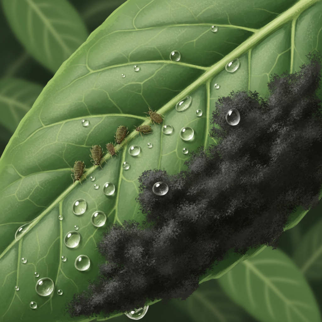 A close-up, highly detailed digital painting or 3D rendering illustrating the honeydew and sooty mold phenomenon. Show a few aphids actively feeding on a plant leaf. Below them, transparent, glistening droplets of honeydew are visible on the leaf surface, and in another section, a delicate, dark, velvety layer of sooty mold fungus is growing directly on the accumulated honeydew, creating a visual cause-and-effect.