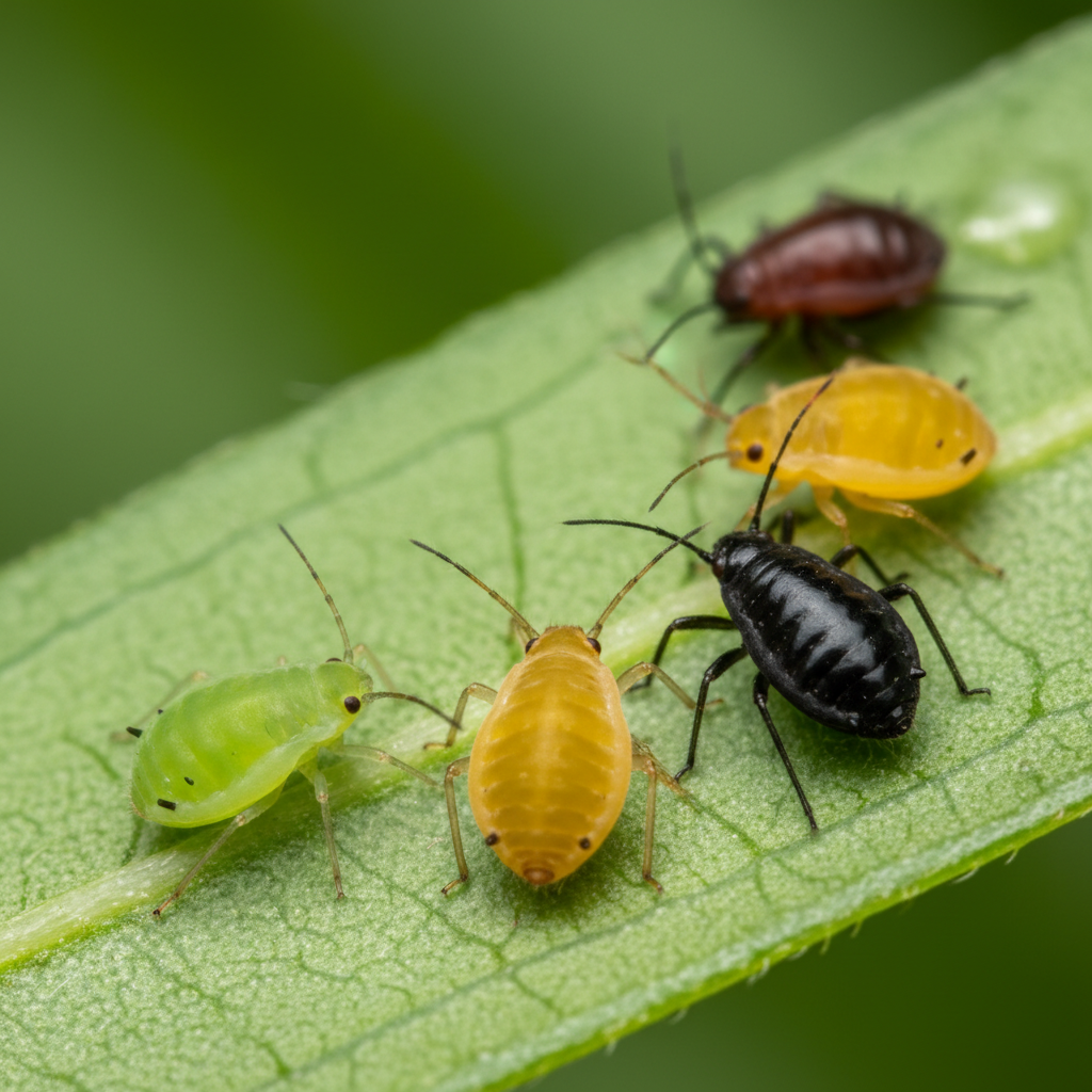 An ultra-realistic macro photograph showcasing several individual aphids of various common colors (e.g., green, black, yellow, or brown) on a single healthy green leaf. Each aphid is sharply in focus, highlighting their small size and characteristic pear-shaped bodies. The image focuses purely on the visual identification of the pests, without showing significant plant damage, suitable for an 'how to recognize' section.