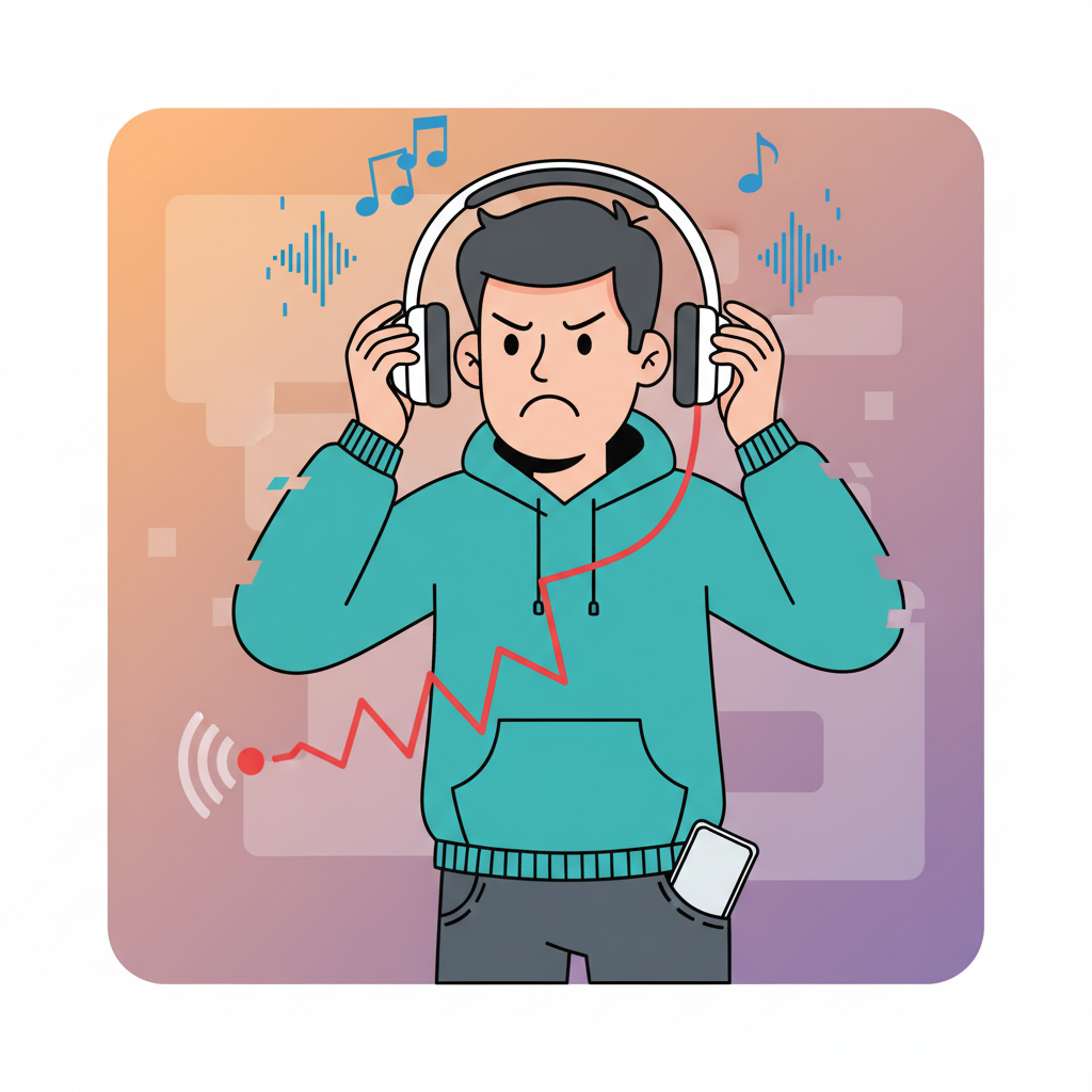 A vibrant, flat illustration depicting a person looking visibly frustrated. The person is holding wireless headphones, and a jagged, broken signal line or a faded connection icon is shown between the headphones and a smartphone in their pocket. Subtle visual cues like dissolving music notes or fragmented sound waves around the person emphasize the poor audio quality. The overall mood conveys annoyance due to technological issues, rendered in a clean, modern vector art style with a limited, expressive color palette.