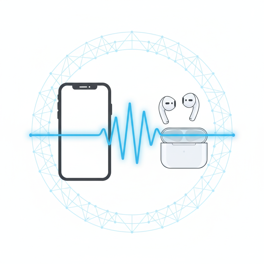 An infographic-style illustration demonstrating the basic principle of Bluetooth connectivity. Two distinct devices, such as a smartphone and wireless earbuds, are depicted with a clear, stable, wavy signal connecting them over a short distance. A faint, circular aura or a subtle network grid around the connected devices visually reinforces their proximity and the formation of a 'piconet'. The illustration should be clean and minimalist, using smooth lines and a harmonious color scheme to convey the concept of pairing and short-range wireless communication.