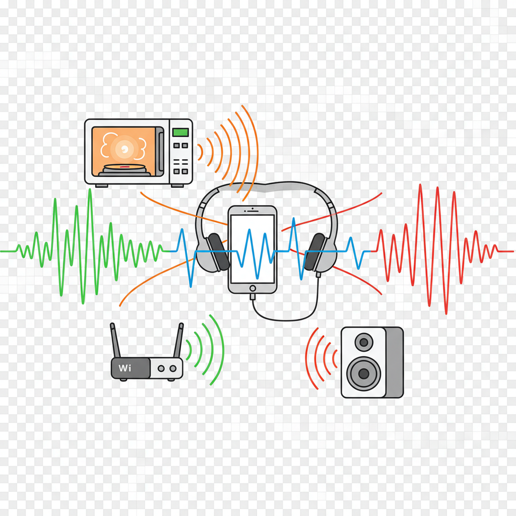 A diagrammatic illustration showcasing various sources of signal interference. In the center, a smartphone and a pair of wireless headphones are attempting to connect, represented by a struggling, intermittent signal line. Surrounding these devices, other radiating objects like a Wi-Fi router, a microwave oven in operation, and another active Bluetooth device are shown, each emitting distinct, overlapping wave patterns that visually disrupt or clash with the primary Bluetooth connection. The style should be clear and illustrative, using contrasting colors and dynamic lines to highlight the chaotic interference.