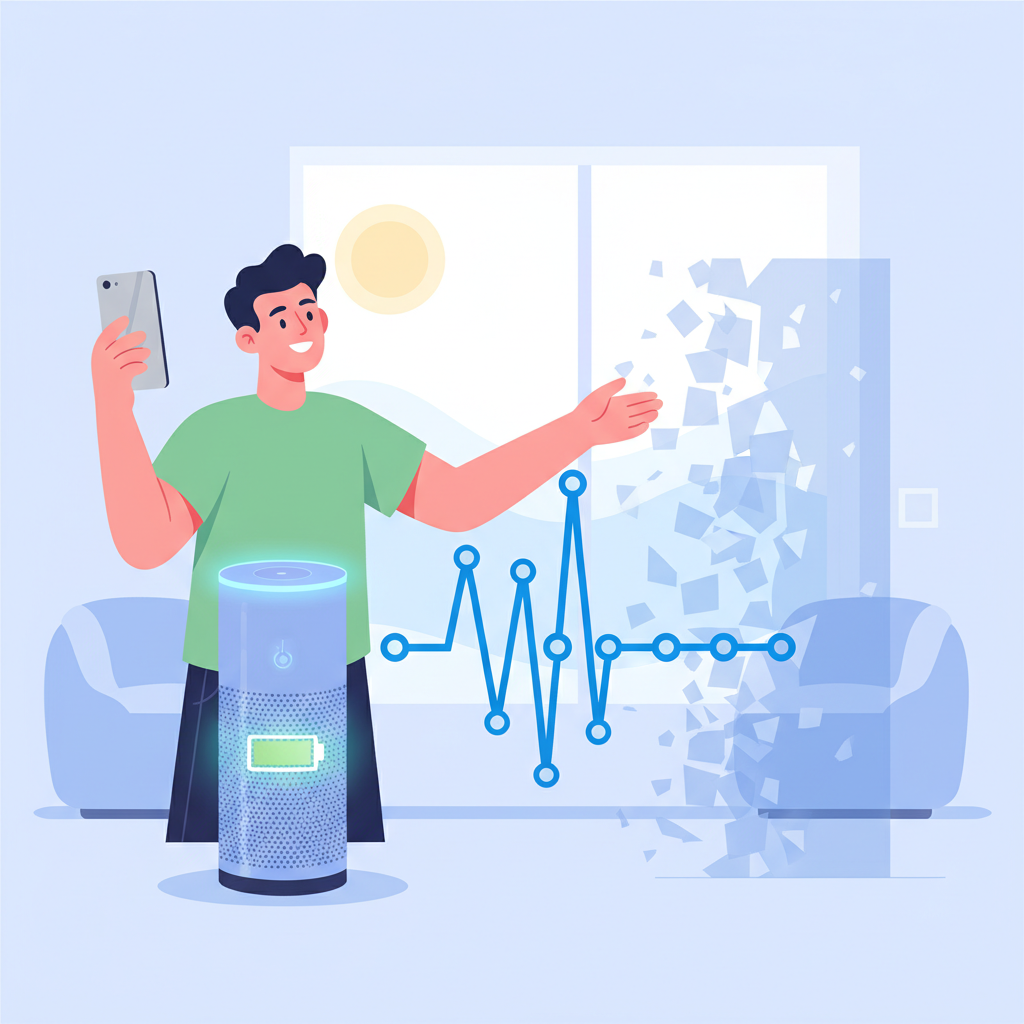 A clean, modern digital art illustration depicting a person successfully improving their Bluetooth connection. The person is holding a smartphone and moving closer to their connected device, perhaps a smart speaker or car dashboard, with a strong, unbroken Bluetooth signal now clearly flowing between them. Visual cues for improvement, such as a charging battery icon on one device, or the visual removal of a physical obstacle (like a wall fading away) between the devices, are subtly integrated. The scene should convey successful problem-solving and a stable connection in a bright, optimistic style.