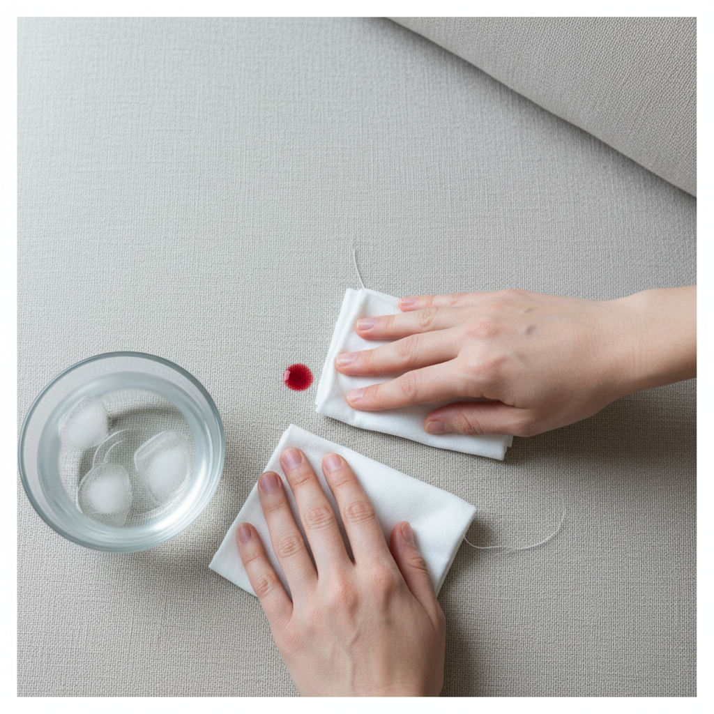 A top-down, clean, and well-lit professional photo showing a person's hands gently dabbing a fresh, small blood stain on a light-colored sofa cushion with a white, folded cloth. A small bowl of cold water is visible nearby. The focus should be on the careful dabbing motion, emphasizing 'not rubbing' with a subtle sense of urgency and precision. The overall aesthetic is calming and instructional, highlighting the 'first aid' aspect. No faces should be visible.