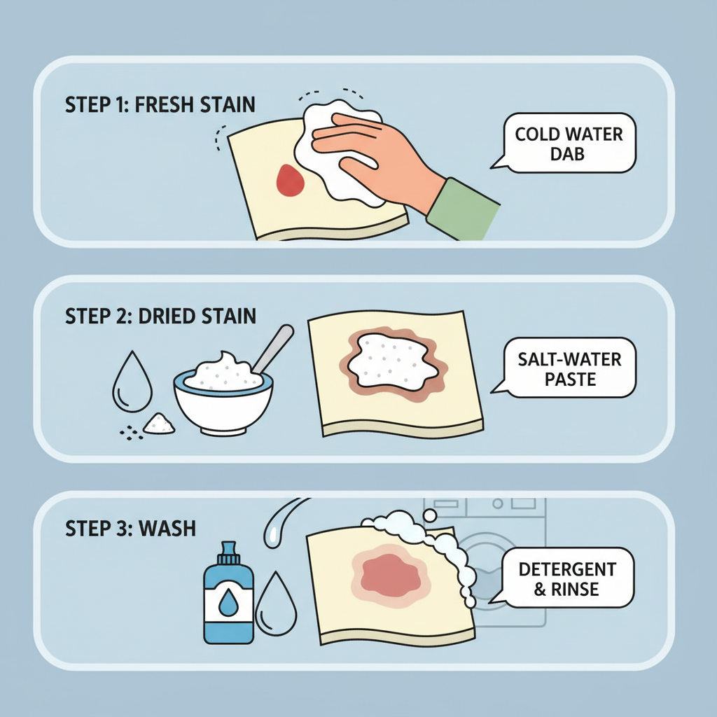 A vibrant, flat illustration in an infographic style, depicting a step-by-step process for removing bloodstains. The illustration is divided into three clear sections: 1) a hand dabbing a fresh stain, 2) a visual representation of a salt-water paste being applied to a stain, and 3) a small bottle of dish soap next to a water droplet, indicating a cleaning solution. Each section has simple, iconic imagery. Colours are clean and friendly, reflecting a helpful, practical guide.