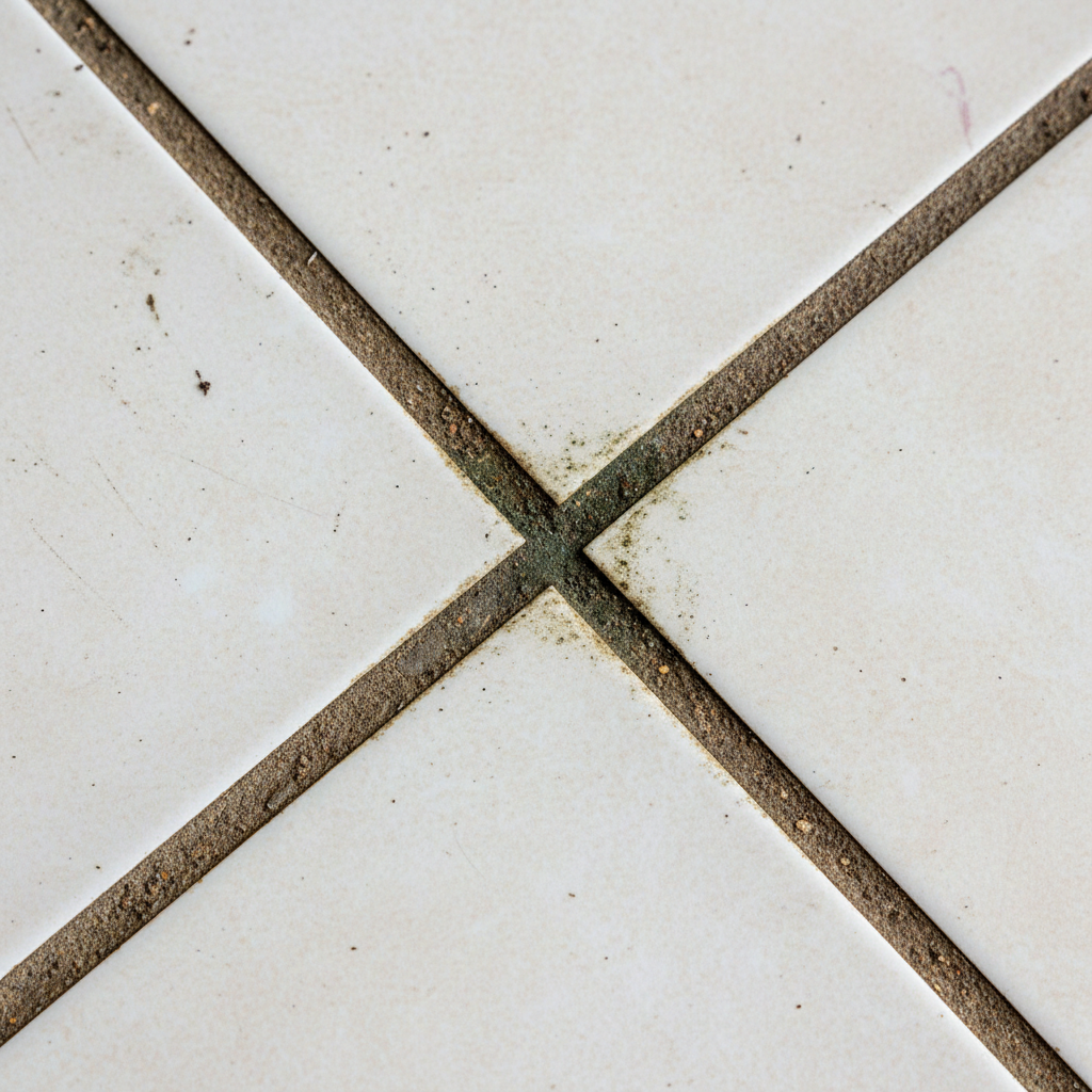 A close-up, eye-level professional photograph of ceramic floor tiles in a kitchen or bathroom setting. The focus is on the grout lines, which are visibly discolored, stained with dark grime, and possibly show subtle hints of mold growth. The tiles themselves appear relatively clean, making the contrast with the neglected, dirty grout stark and unappealing. The lighting should emphasize the texture and accumulated dirt within the grout. The scene clearly conveys a need for cleaning.
