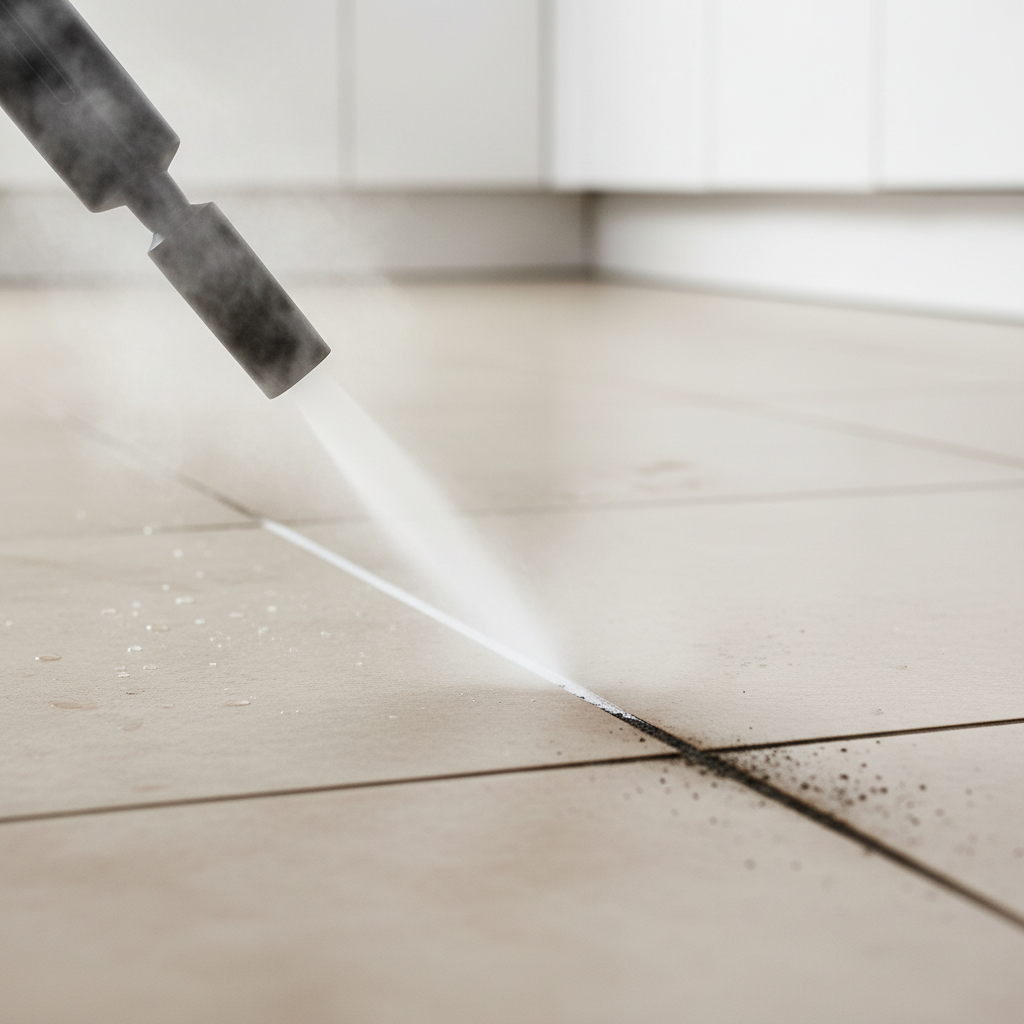 A dynamic, professional photo depicting a handheld steam cleaner nozzle actively cleaning a dirty grout line between light-colored floor tiles. A focused jet of steam is visibly emanating from the nozzle, interacting with the grime. The area directly under and immediately behind the nozzle appears noticeably cleaner, while the untouched grout ahead remains dark and soiled, creating a clear 'in-progress' visual. The background is slightly blurred to keep the focus on the cleaning action.