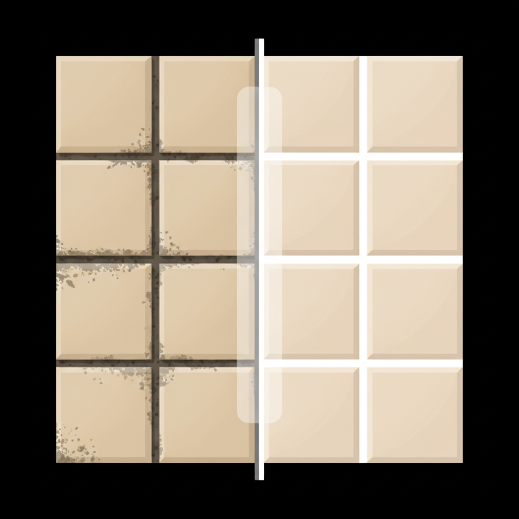 A vibrant, clean infographic-style illustration showcasing the transformation of floor tile grout. One side of the illustration presents a section of tiles with visibly dark, dirty, and stained grout lines, suggesting neglect. The other side, separated by a clean, subtle vertical division, displays the same type of tiles but with bright, pristine, and uniform grout lines, gleaming with cleanliness. The overall impression is one of stark improvement and freshness.