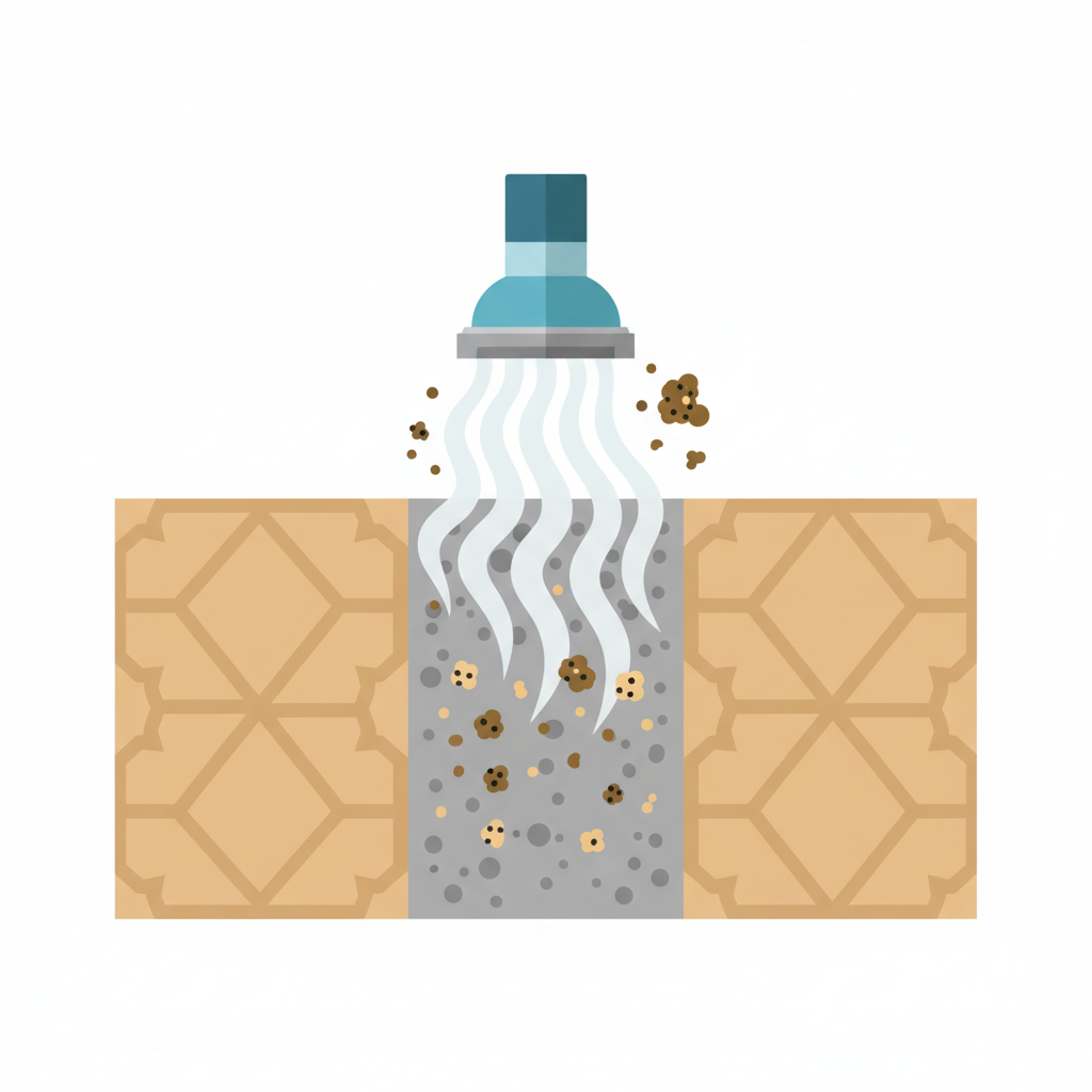 A detailed flat illustration in a cross-section view of a tile and grout setup. A simplified steam cleaner nozzle is positioned above the grout. Wavy, ethereal lines representing hot steam penetrate deep into the porous grout material, shown actively breaking down and lifting tiny, abstract particles representing dirt, grease, and grime. The illustration should subtly convey the powerful, yet chemical-free, cleaning action of the steam without any words or chemical bottle imagery.