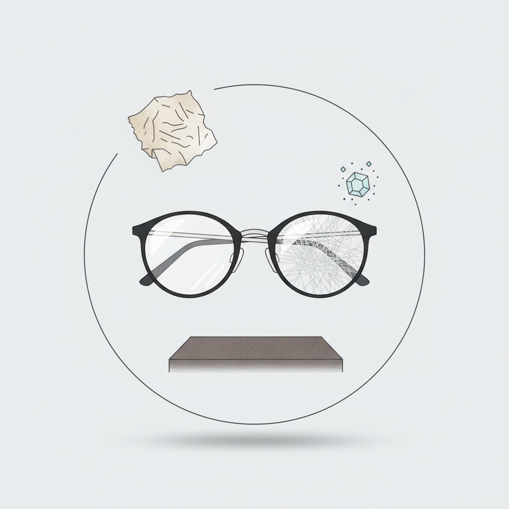 A pair of modern eyeglasses is centered, with one lens prominently displaying a network of fine, hair-thin scratches that subtly obscure the view through it. Surrounding the glasses, in a gentle, almost halo-like arrangement, are stylized representations of common causes: a crumpled paper towel with rough fibers, a tiny, sharp dust particle floating near the lens surface, and a blurred depiction of a hard table surface where glasses have been placed face down. The overall aesthetic is a clean, flat illustration with soft shadows, focusing on the visual impact of damaged vision and the fragility of lenses.