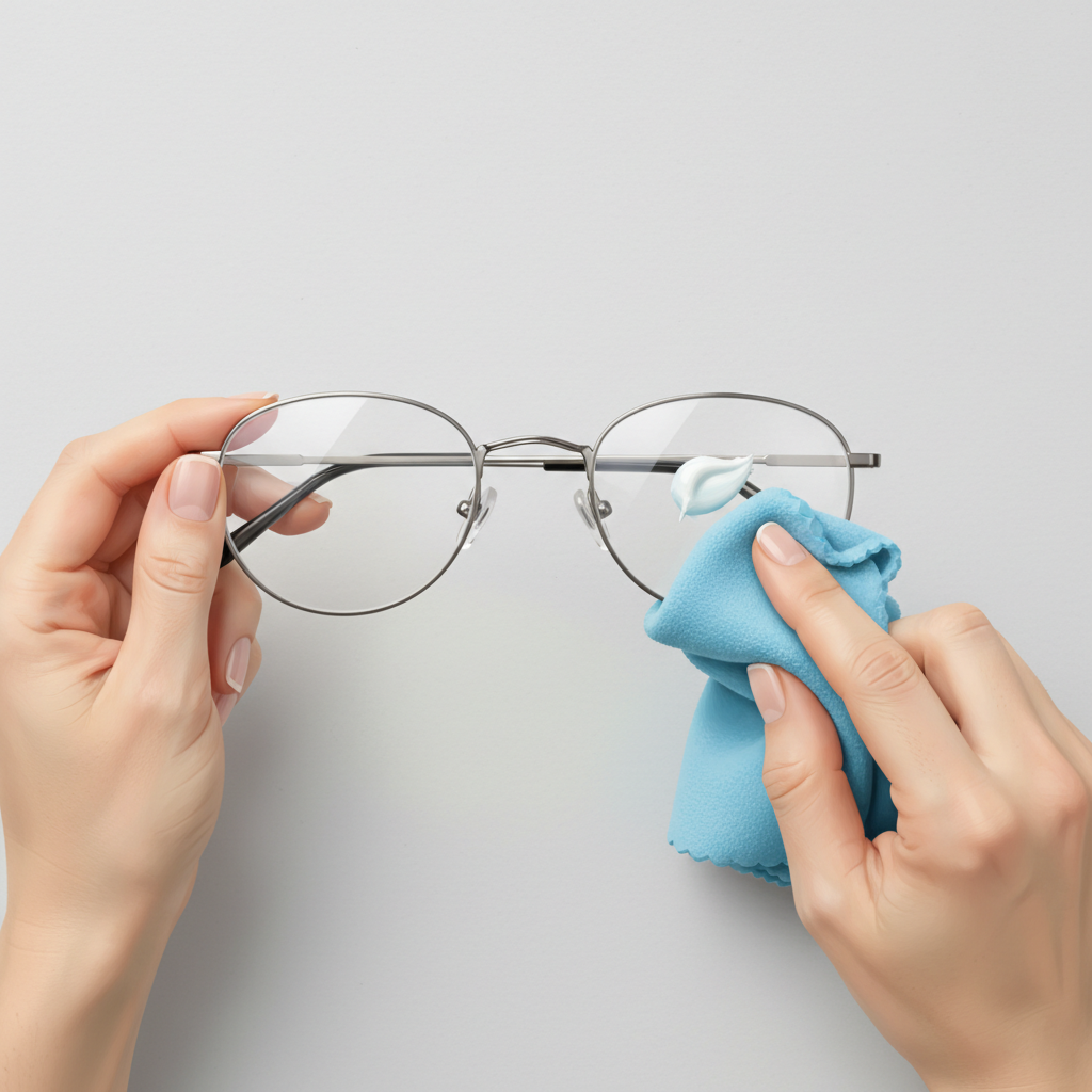 A close-up, top-down view of a pair of contemporary eyeglasses, held gently by a pair of clean, manicured hands. One hand uses a soft, light blue microfiber cloth to delicately rub a small dollop of white, non-gel toothpaste in gentle circular motions on a specific area of one lens, targeting a barely visible scratch. The scene is well-lit, highlighting the smooth texture of the cloth and the subtle sheen of the lens. The illustration style is a bright, clear digital painting, emphasizing a gentle and precise 'how-to' aesthetic, suitable for a DIY guide.