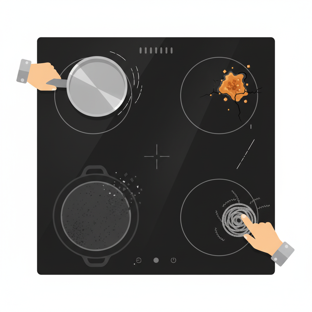 A top-down view of a modern, black ceramic hob, clearly showing several distinct scratches on its surface. Around the hob, various elements visually represent common causes of scratches. One section shows a hand roughly pushing a metal pot across the surface, leaving a faint scratch trail. Another area features the rough, unfinished bottom of a cast iron pan. A small spill of crystallized, burnt sugar is visible in another spot. Further, a hand is about to clean the surface with a harsh, abrasive metal scrubber. The overall style is a clean, modern flat illustration with a slight infographic aesthetic, emphasizing the visual storytelling of cause and effect.