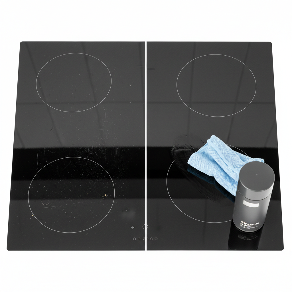 A dynamic, professional close-up shot of a black ceramic hob undergoing a transformation. One half of the image displays a section of the hob with noticeable, dull scratches and minor grime, representing the 'before' state. The other half shows the same section, now gleaming, perfectly smooth, and highly reflective, embodying the 'after' state. A generic, sleek bottle of 'Ceramic Hob Cleaner' is positioned subtly near the pristine area, and a soft microfiber cloth is gently wiping the surface, enhancing the sense of ongoing restoration and shine. The overall aesthetic is clean, bright, and professional product photography.
