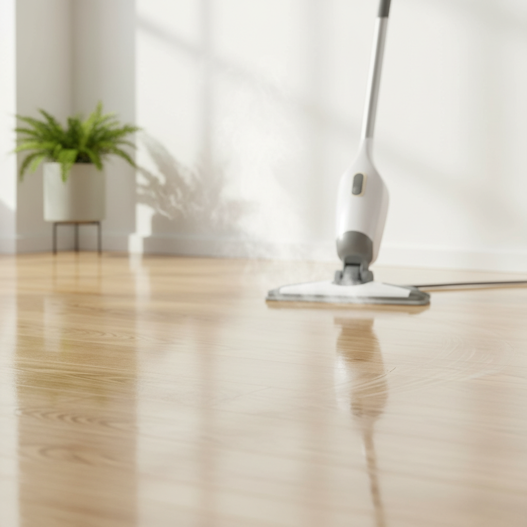 A professional photo of a pristine, gleaming laminate floor reflecting ambient light, with a modern steam cleaner (only the base unit and handle visible) subtly positioned in the background, suggesting gentle yet effective cleaning. The overall impression should be one of freshness, cleanliness, and effortless maintenance.
