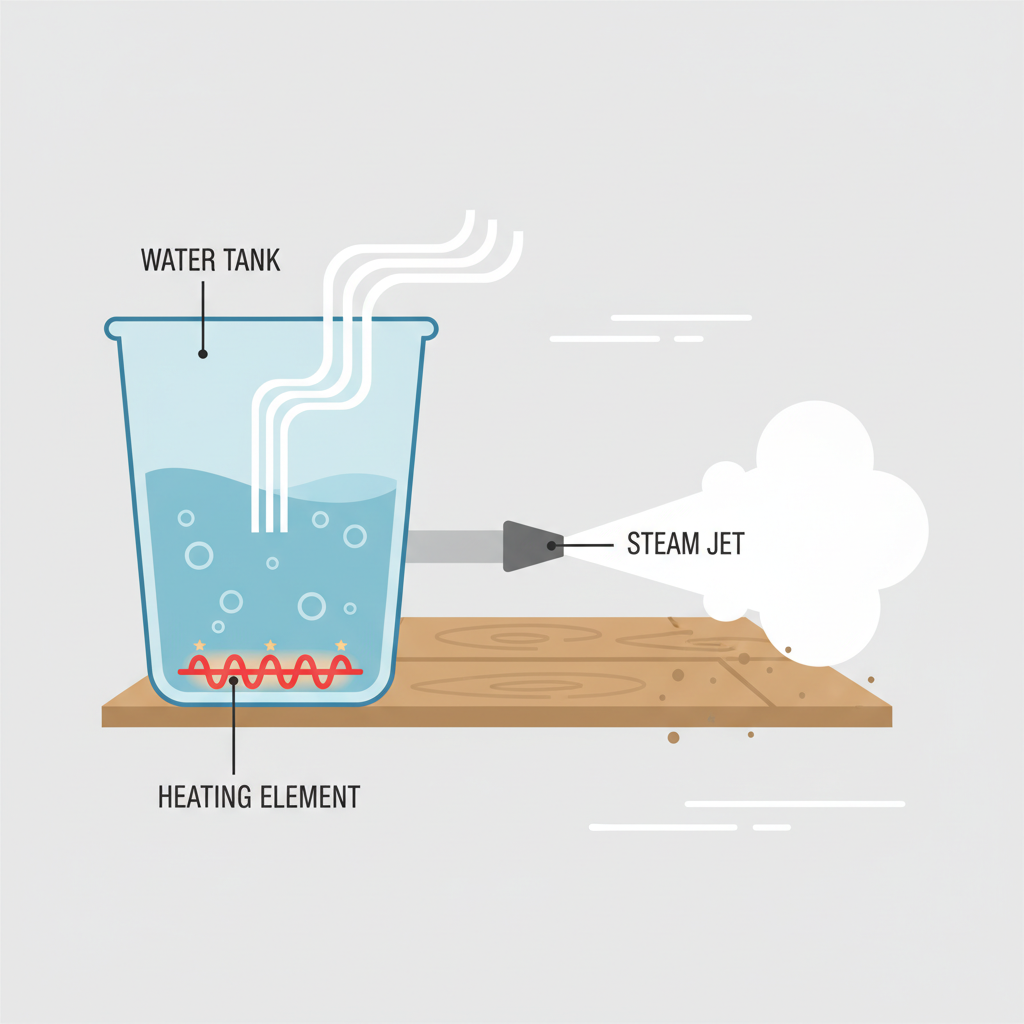 An engaging flat illustration depicting the internal workings of a steam cleaner. Show a cross-section of a water tank with water boiling due to a heating element, steam rising, and then being forcefully expelled through a nozzle onto a stylized laminate floor plank. Highlight elements like 'water tank,' 'heating element,' and 'steam jet' with minimal, clean labels.