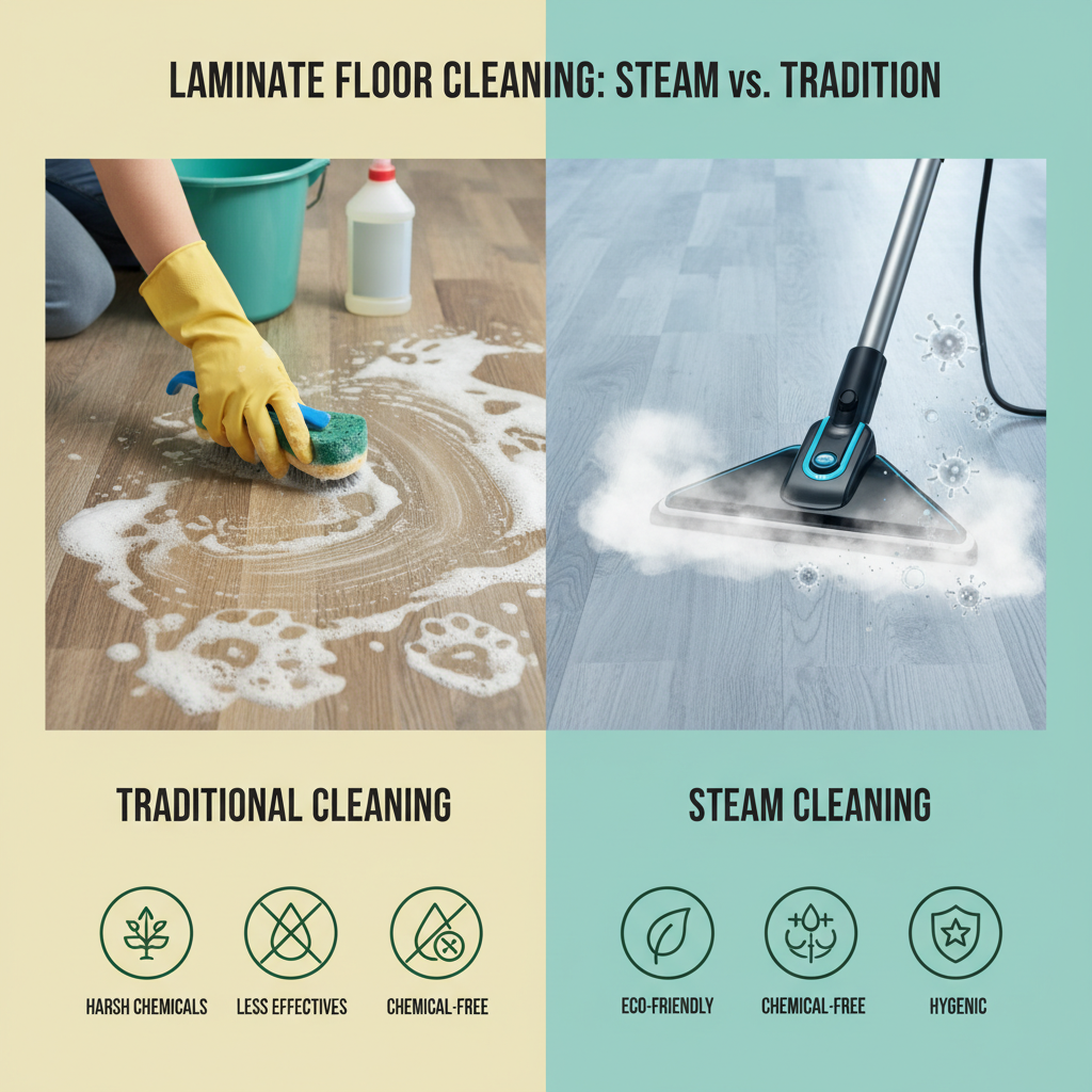 A comparison infographic style image showcasing the benefits of steam cleaning versus traditional cleaning methods for laminate. On one side, illustrate a hand scrubbing a floor with soapy water, potentially with child or pet paw prints visible. On the other, depict a steam cleaner gliding over a sparkling floor with microbes dissolving in steam, emphasizing 'chemical-free,' 'hygienic,' and 'eco-friendly' with subtle icons.