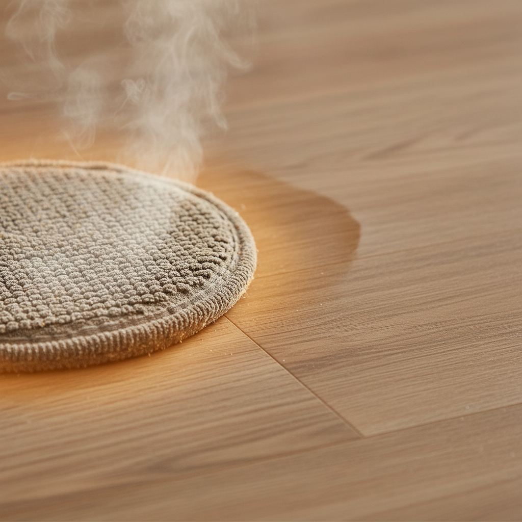 A close-up, high-detail photo of a steam cleaner's microfiber pad gently gliding across a textured laminate floor plank. The subtle moisture visible on the floor should evaporate quickly, emphasizing the minimal water usage. Include a soft glow around the cleaning head to suggest heat, conveying effective, yet gentle, cleaning for delicate surfaces.