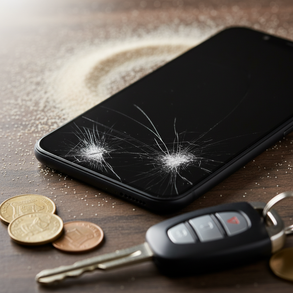 A close-up view of a modern smartphone or tablet display with several prominent, visible scratches. The scratches should be distinct, showing varying depths and reflecting light in an annoying way. Around the device, slightly out of focus in the foreground and background, are typical culprits: a set of car keys, loose coins, and a small scattering of fine sand particles. The scene should evoke a sense of minor damage or neglect, highlighting the problem. Professional photo realism with a clean, well-lit composition.
