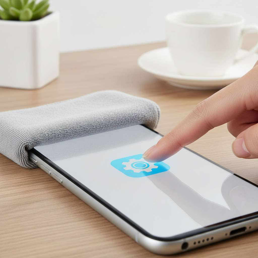 A close-up of a modern smartphone or tablet display that is perfectly clean and scratch-free, shining brightly. A soft, gentle microfiber cloth is just completing a swipe across the screen, leaving a pristine surface. Alternatively, a finger is smoothly interacting with an icon on the unblemished display, emphasizing perfect clarity and responsiveness. The background is a softly blurred, elegant setting, conveying a sense of renewed quality and careful maintenance. High-quality product photography with a bright, inviting aesthetic.