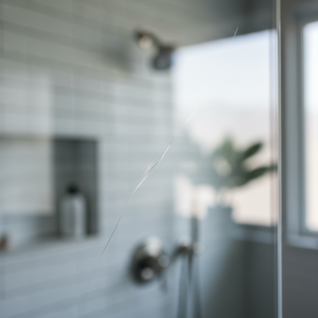 A close-up, high-detail professional photo of a clear glass shower panel. A prominent, thin scratch is sharply visible, catching the ambient light and creating a slight distortion against the otherwise smooth, reflective surface. The background is softly out of focus, suggesting a pristine bathroom environment, emphasizing the visual disruption caused by the imperfection. The lighting should highlight the depth and visibility of the scratch.