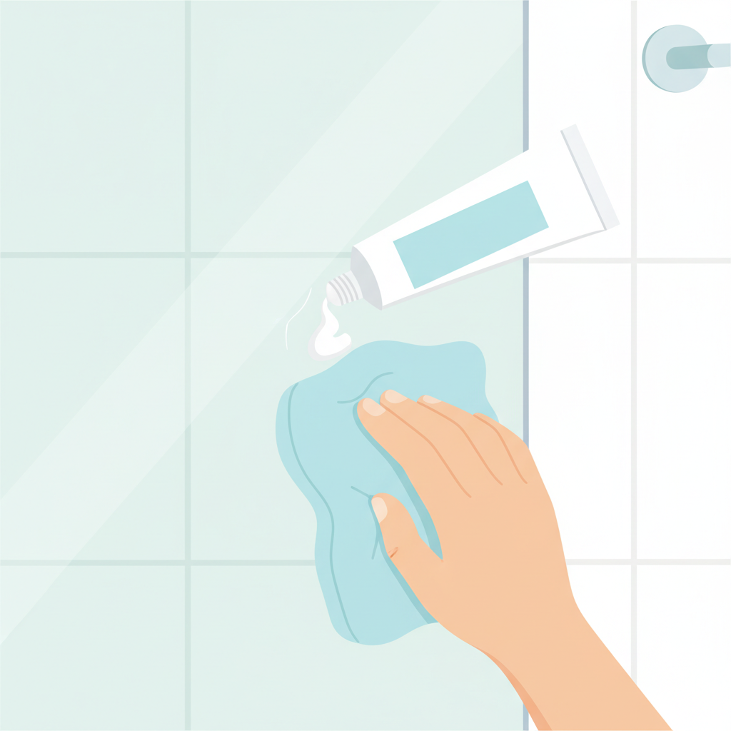A bright, clean flat illustration depicting a hand (seen from above) gently applying a small amount of white toothpaste from a tube onto a fine scratch on a translucent acrylic shower panel. A soft, clean microfiber cloth is being used to rub the toothpaste in a gentle circular motion. The overall scene conveys a sense of careful repair, with light, fresh colors and a focus on the action and the simple materials involved in the scratch removal process.