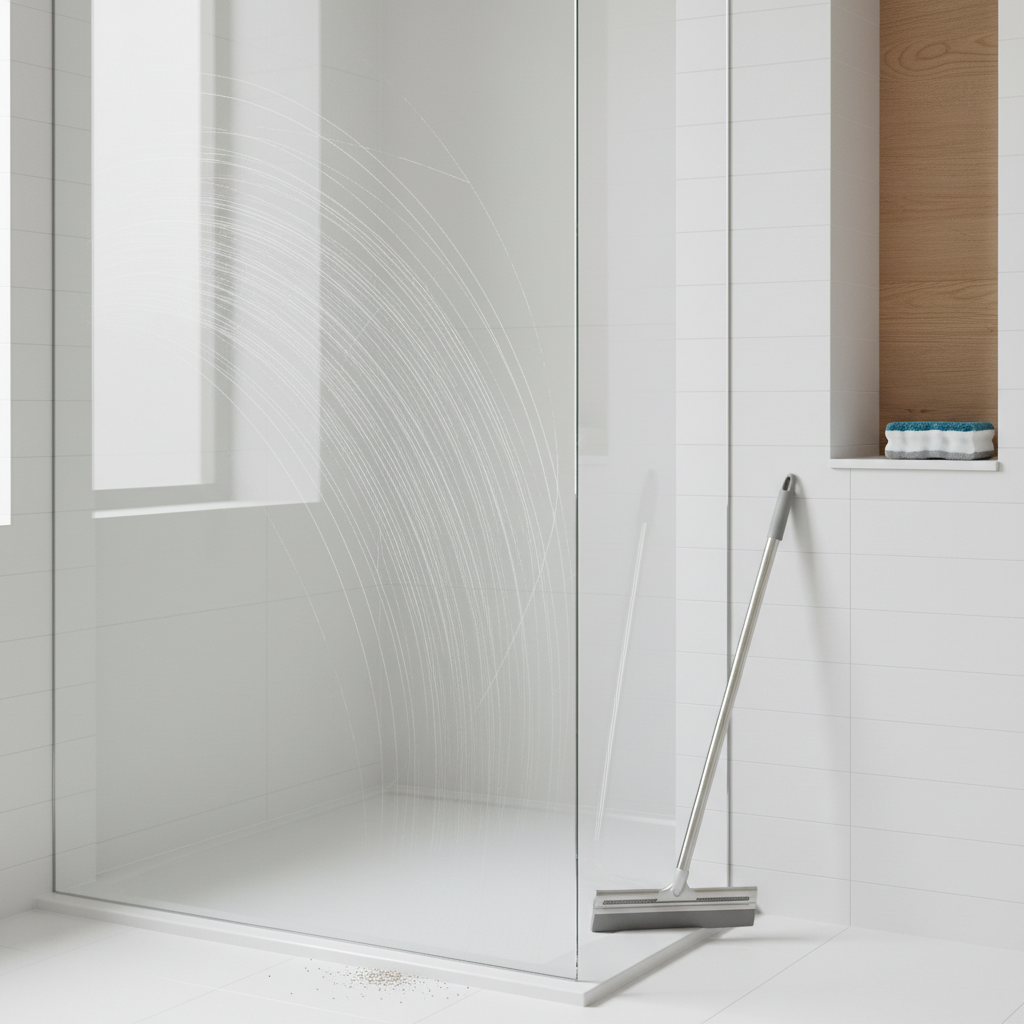 A professional, well-lit photo of a modern bathroom focusing on a clear glass shower door. The glass surface prominently displays several fine, superficial scratches, subtly catching the light to highlight their presence. In the immediate vicinity, a worn rubber squeegee leans against the wall, and a textured, slightly abrasive cleaning sponge is visible on a shelf, hinting at common causes. Tiny, almost imperceptible sand-like particles could be scattered near the shower tray. The scene should convey the aesthetic issue of scratched glass in an otherwise clean environment, without explicitly showing a person or direct action.