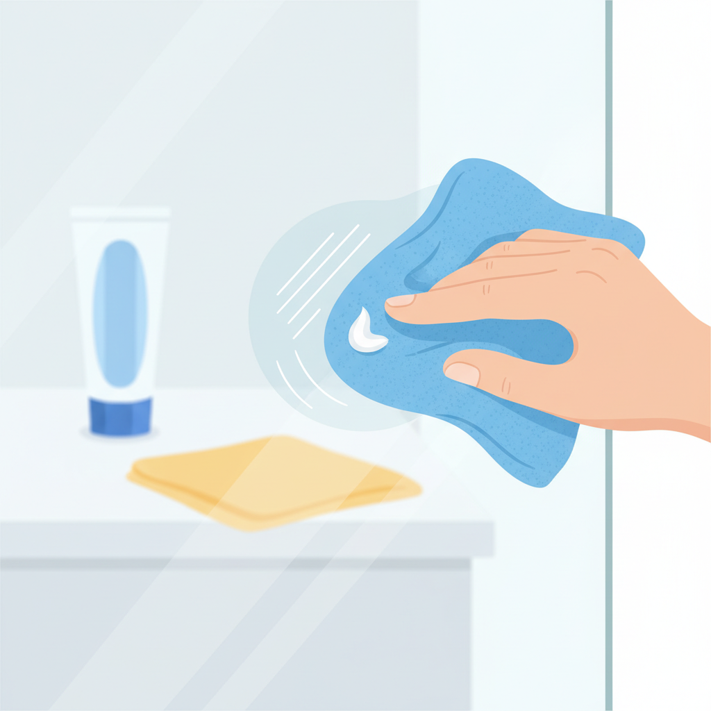 A clean, bright flat illustration depicting the first step of scratch removal. A hand, holding a soft, lint-free microfiber cloth, is gently rubbing a small blob of white toothpaste onto a localized area of a clear glass shower panel. Visible fine scratches are depicted on the glass surface where the toothpaste is being applied. In the background, an open tube of white toothpaste and a clean, dry microfiber cloth are neatly placed. The illustration should have a step-by-step feel, focusing on the careful application and the specific materials involved.