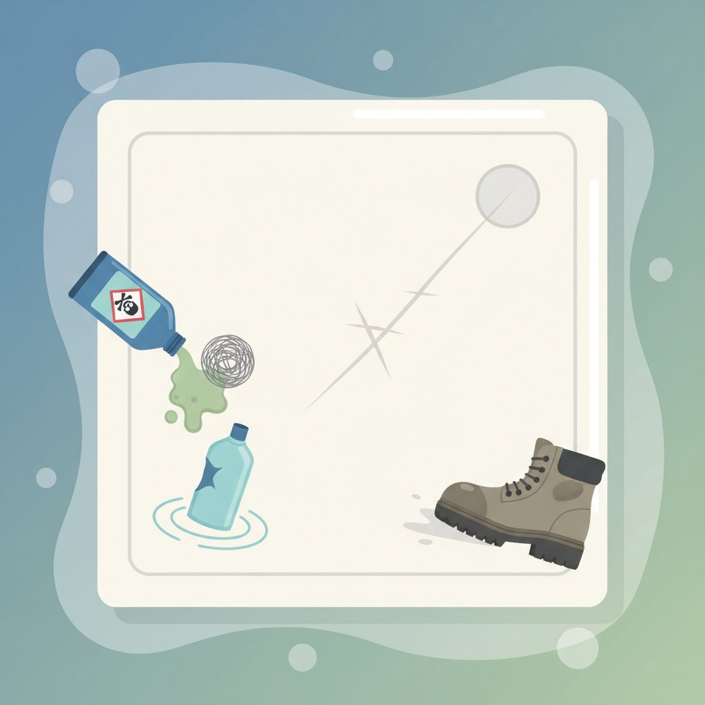 A vibrant flat illustration depicting a pristine white acrylic shower tray with a clear, visible scratch on its surface. Surrounding the tray are stylized icons representing common causes: an overturned bottle of harsh cleaning fluid next to a steel wool pad, a slightly dented shampoo bottle, and a work boot with a worn sole near the edge. The scratch itself should be subtly highlighted. The overall composition should be clean and informative, using a soft, inviting color palette with just enough contrast to emphasize the causes and the scratch without being jarring.