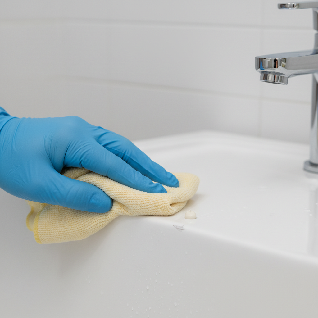 A professional, well-lit close-up photo focusing on a human hand, wearing a blue protective glove, meticulously polishing a visible scratch on a pristine white acrylic shower tray. The hand holds a soft, light-colored microfiber cloth, with a small amount of polishing paste clearly visible on the cloth, being applied in gentle, circular motions to the scratch. The water droplets on the surrounding surface should be minimal, suggesting a clean, prepped area. The background should be a softly blurred, clean bathroom setting, emphasizing the repair action.