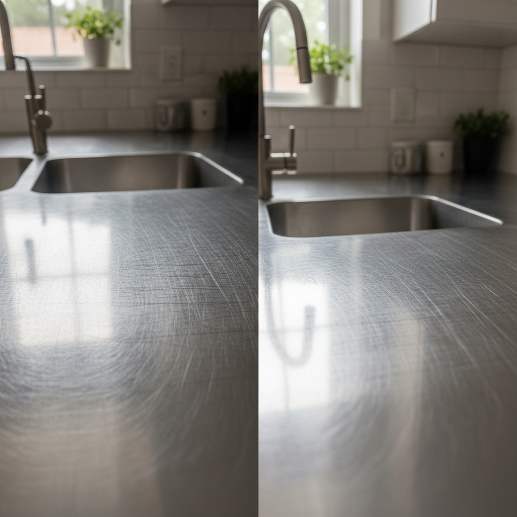 A professional photo of a modern kitchen counter or sink made of stainless steel. One side of the surface shows visible, unsightly scratches and dullness, while the other side gleams flawlessly, reflecting light beautifully. The contrast should be stark, highlighting the aesthetic damage caused by scratches and the potential for restoration. The setting should feel realistic and relatable to a typical home kitchen environment.