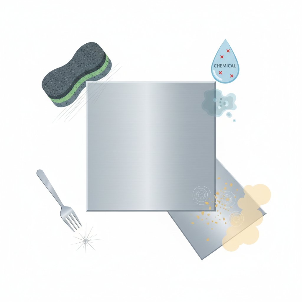 A detailed flat illustration in an infographic style depicting several common causes of stainless steel scratches. Show a sleek stainless steel surface as the central element. Around it, clearly illustrate a rough scouring pad, a droplet of strong chemical liquid, a falling piece of metal cutlery, and tiny sand-like abrasive particles. Each element should visually indicate its damaging interaction with the steel without being overly cluttered.