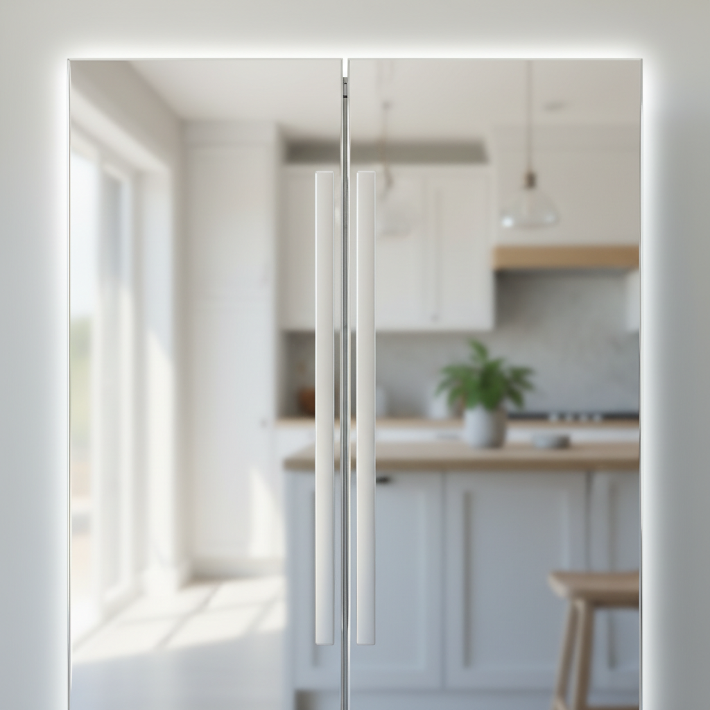 A bright and clean professional photo of a newly polished, gleaming stainless steel appliance or kitchen fixture, such as a refrigerator door or a faucet. The surface is perfectly smooth and highly reflective, showing no signs of any previous scratches. Soft, natural light highlights its flawless finish and gives a sense of freshness and newness, conveying the successful restoration and brilliant shine achieved.