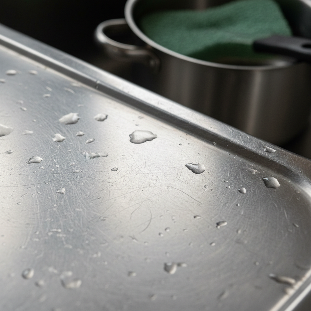 A professional, close-up photo of a stainless steel kitchen sink basin. The upper part of the basin shows noticeable, fine to moderate scratches and dull water spots, clearly lacking its original shine. In the background, slightly out of focus, a metal pot rim or a small, rough green scourer is subtly visible, hinting at the causes of the damage. The focus is on the worn, scratched surface, creating a visual representation of the problem the article addresses, emphasizing the need for restoration.